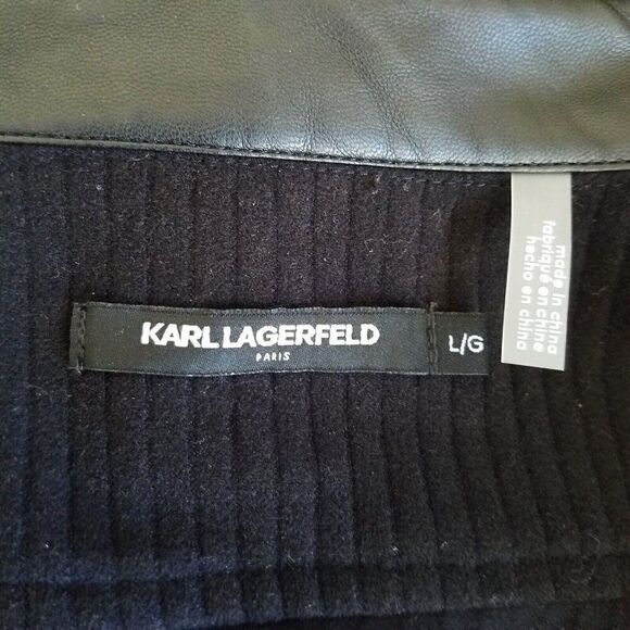 Karl Lagerfeld Men Sz L Shirt Jacket Black Ribbed Knit Snap Buttons Leather Trim - Picture 10 of 12